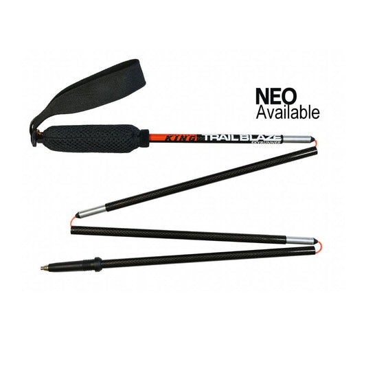 Black hiking pole with red accents on a white background, featuring the brand 'Mountain King'