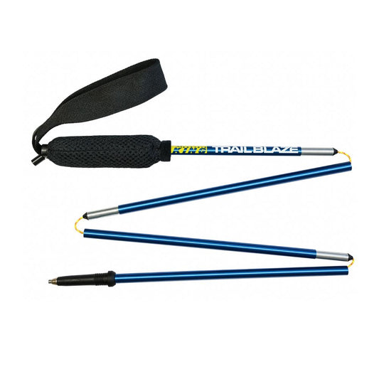 Blue hiking poles with black grips and a carrying strap on a white background
