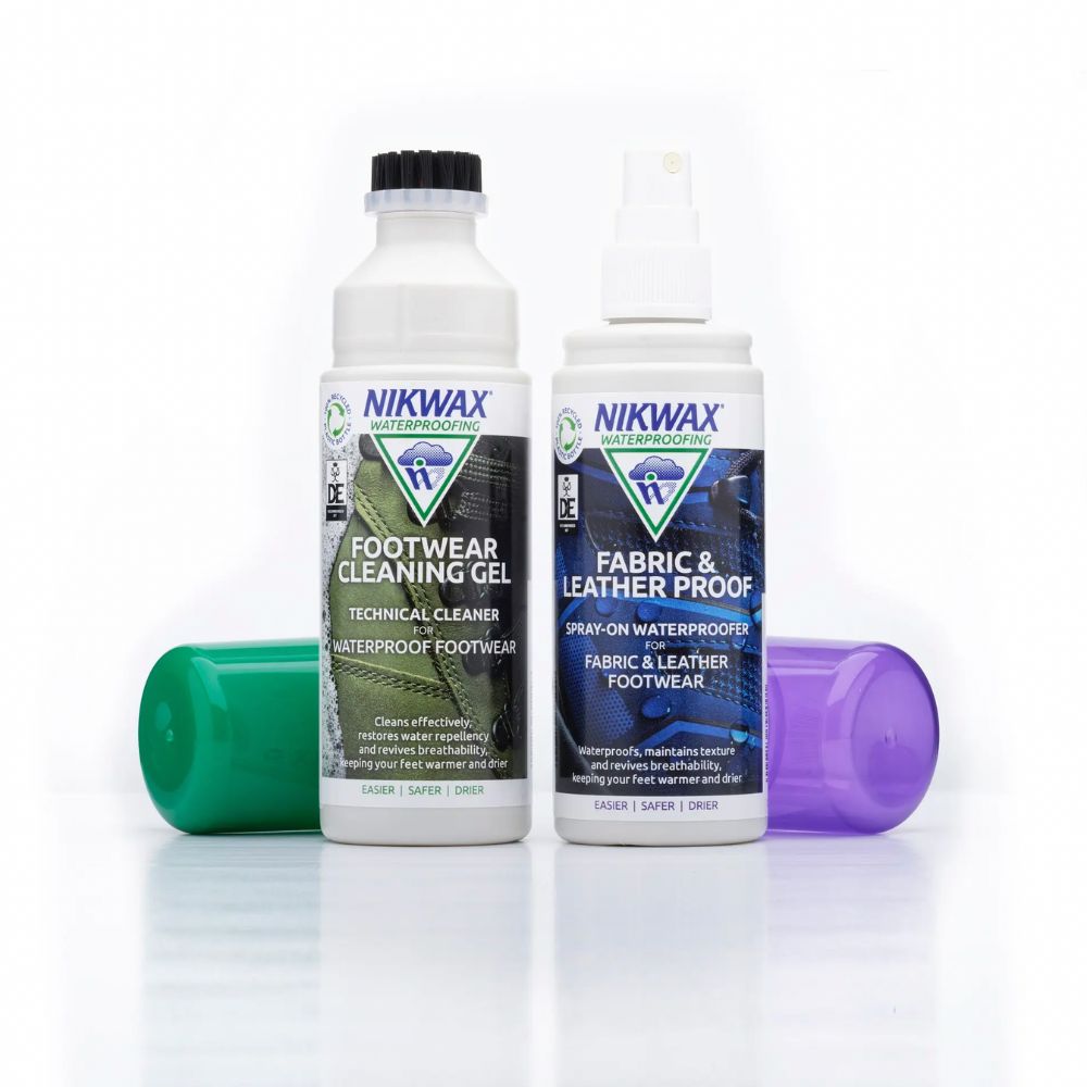 Nikwax Fabric & Leather Footwear Care Kit open bottles