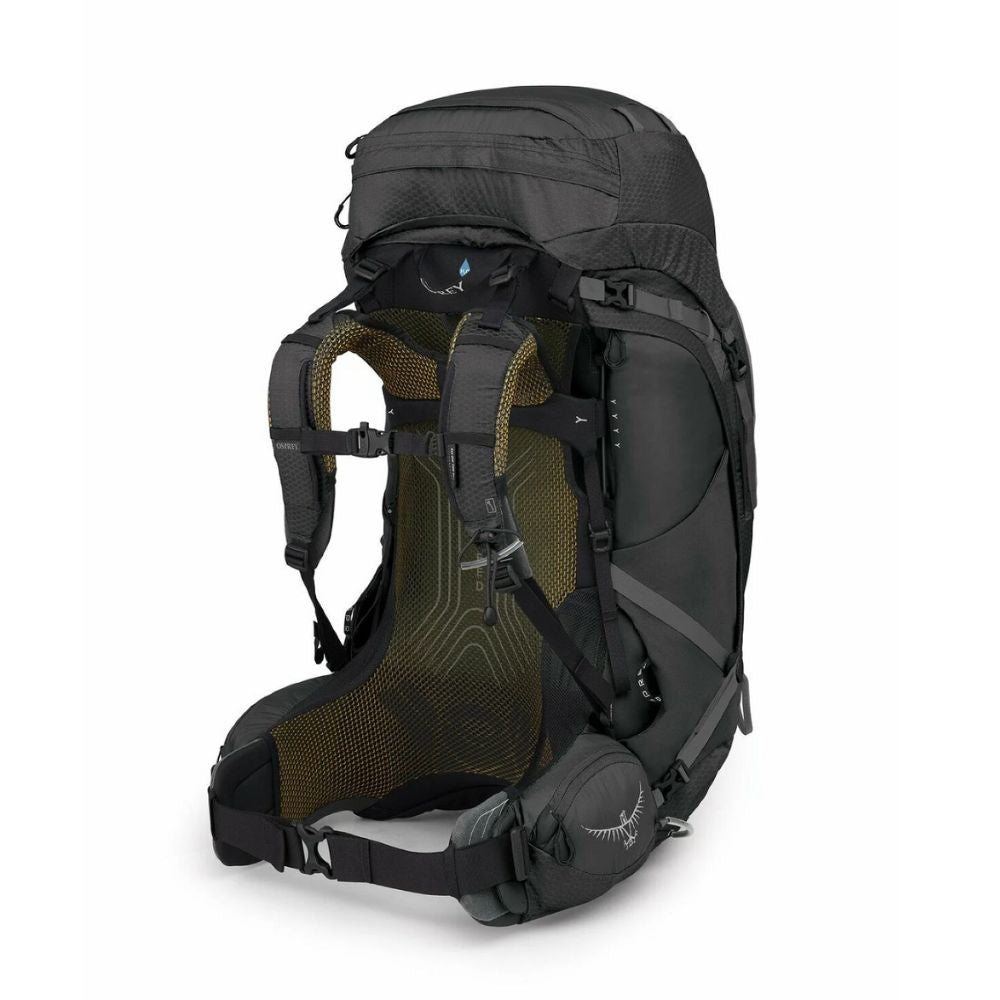 Black hiking backpack with visible brand logo on a white background