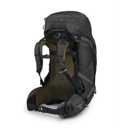 Black hiking backpack with visible brand logo on a white background