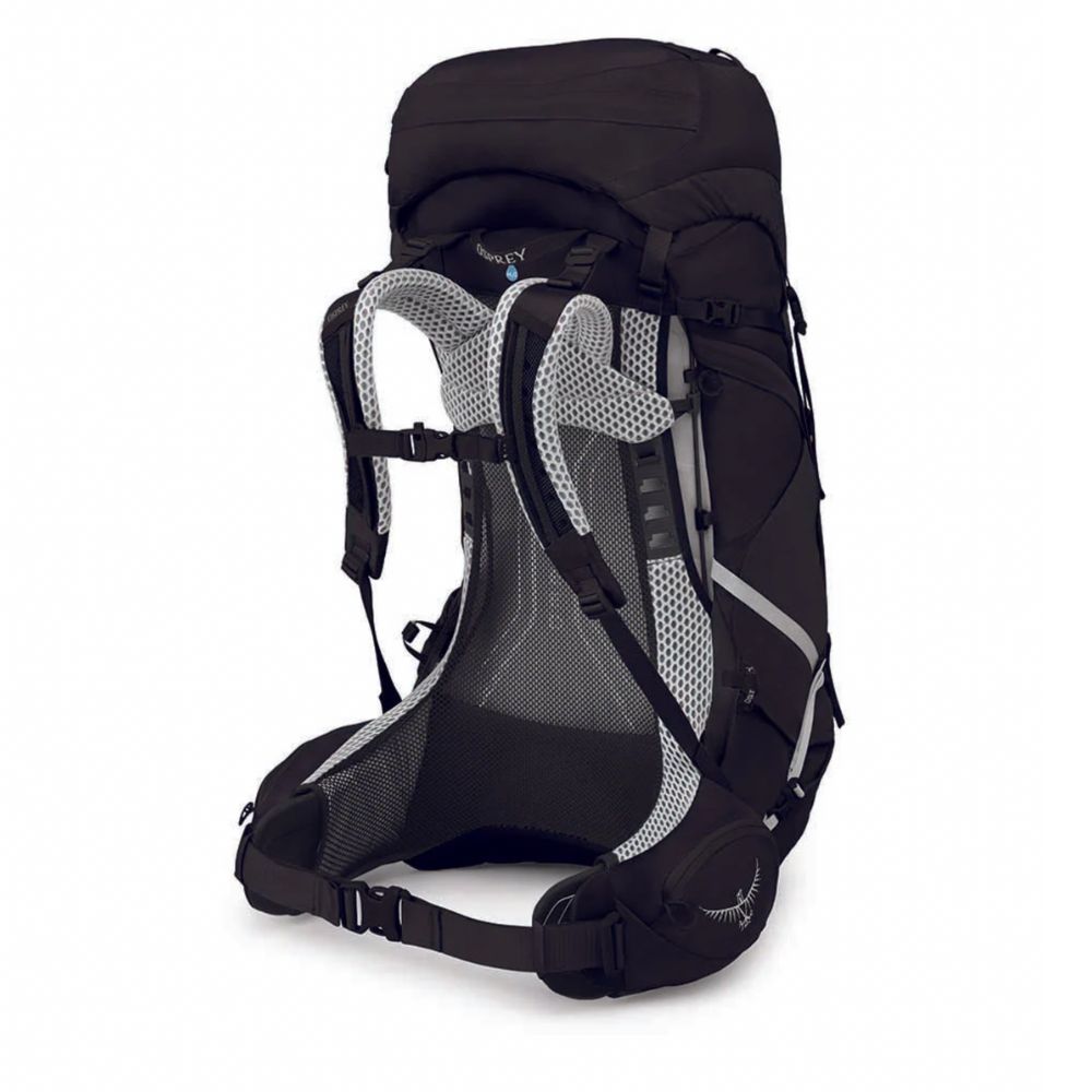 Black hiking backpack with gray straps on a white background
