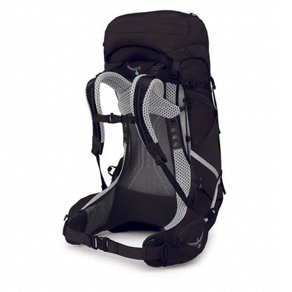 Black hiking backpack with gray straps on a white background