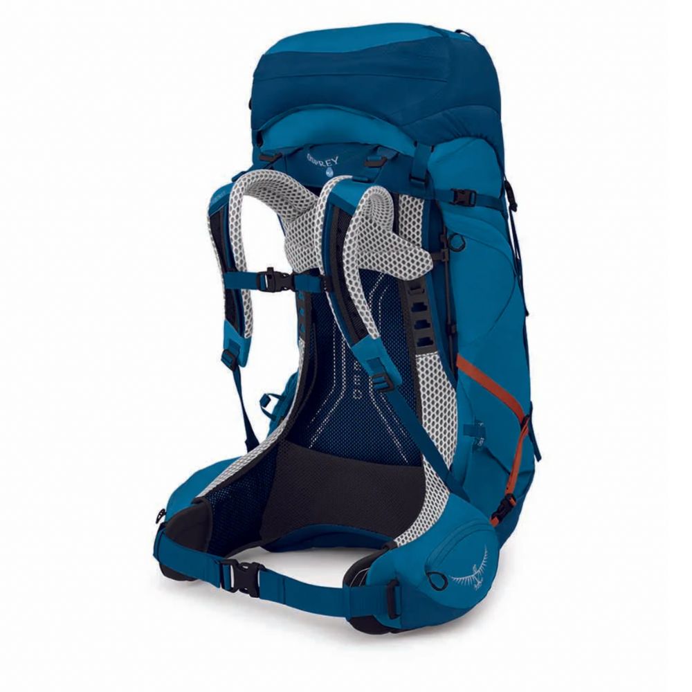 Blue hiking backpack on a white background