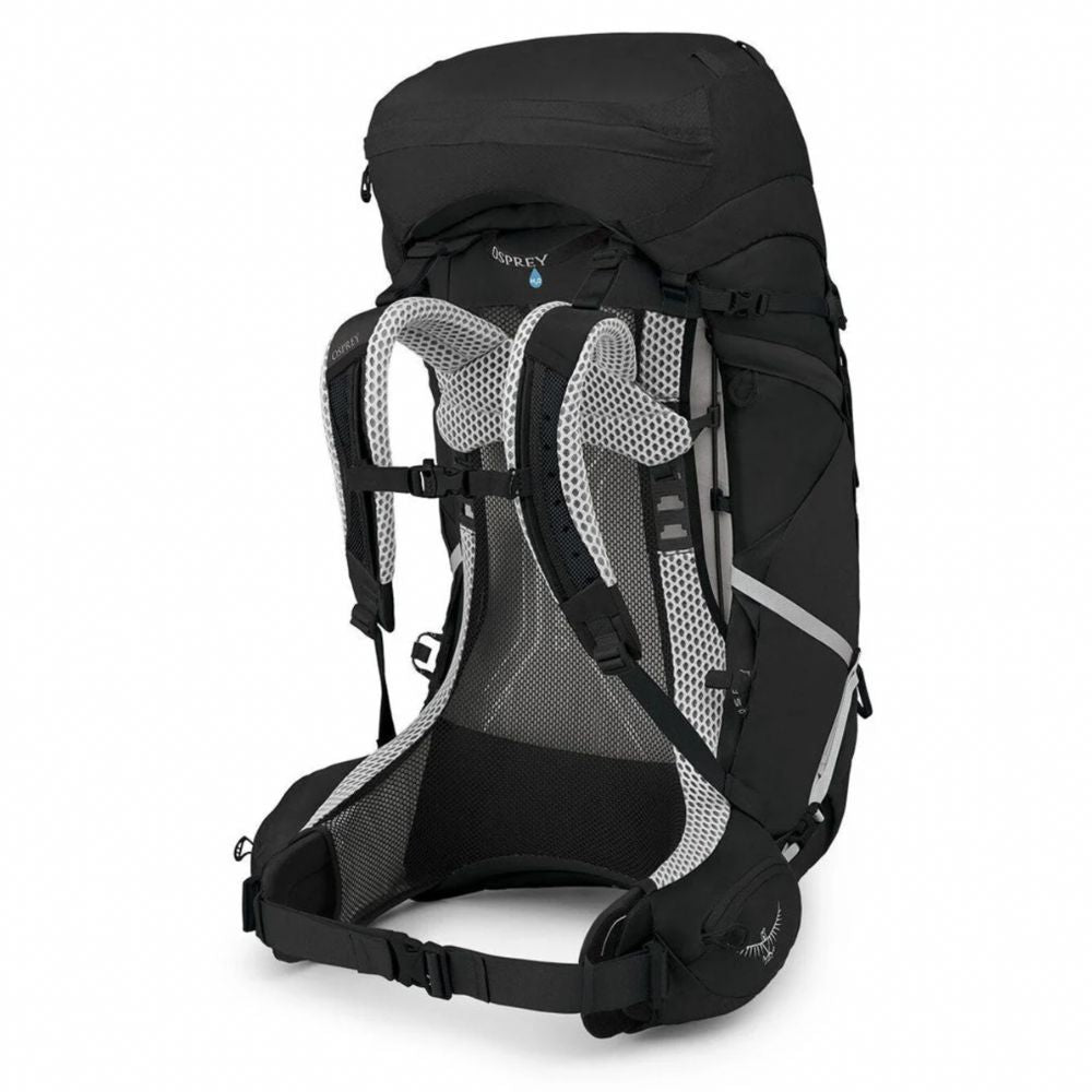 Black and gray Osprey backpack on a white background