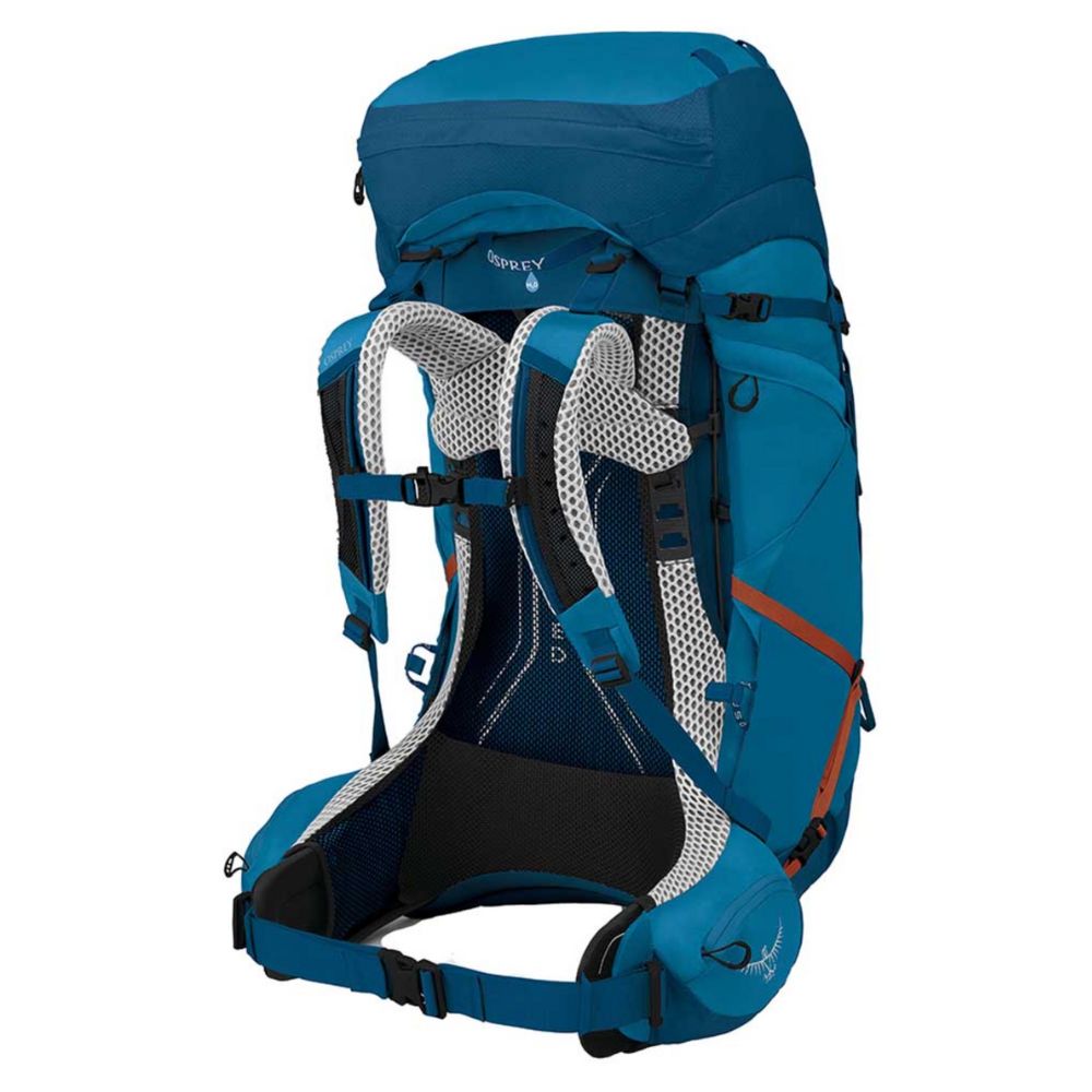 Blue hiking backpack with visible brand logo on a white background