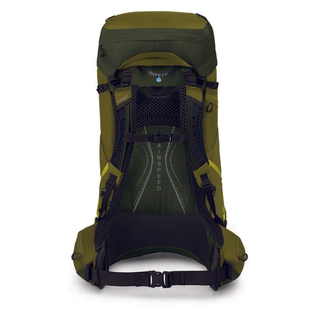 Green and black backpack on a white background