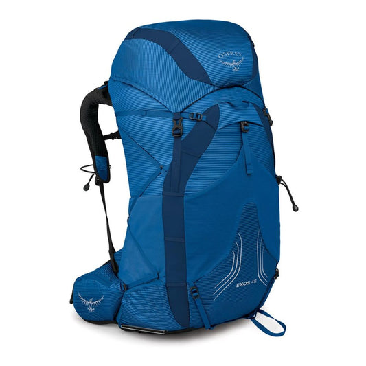 Blue Osprey hiking backpack on a white background