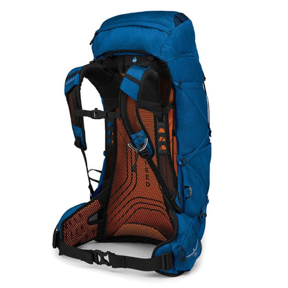 Blue and orange hiking backpack on a white background