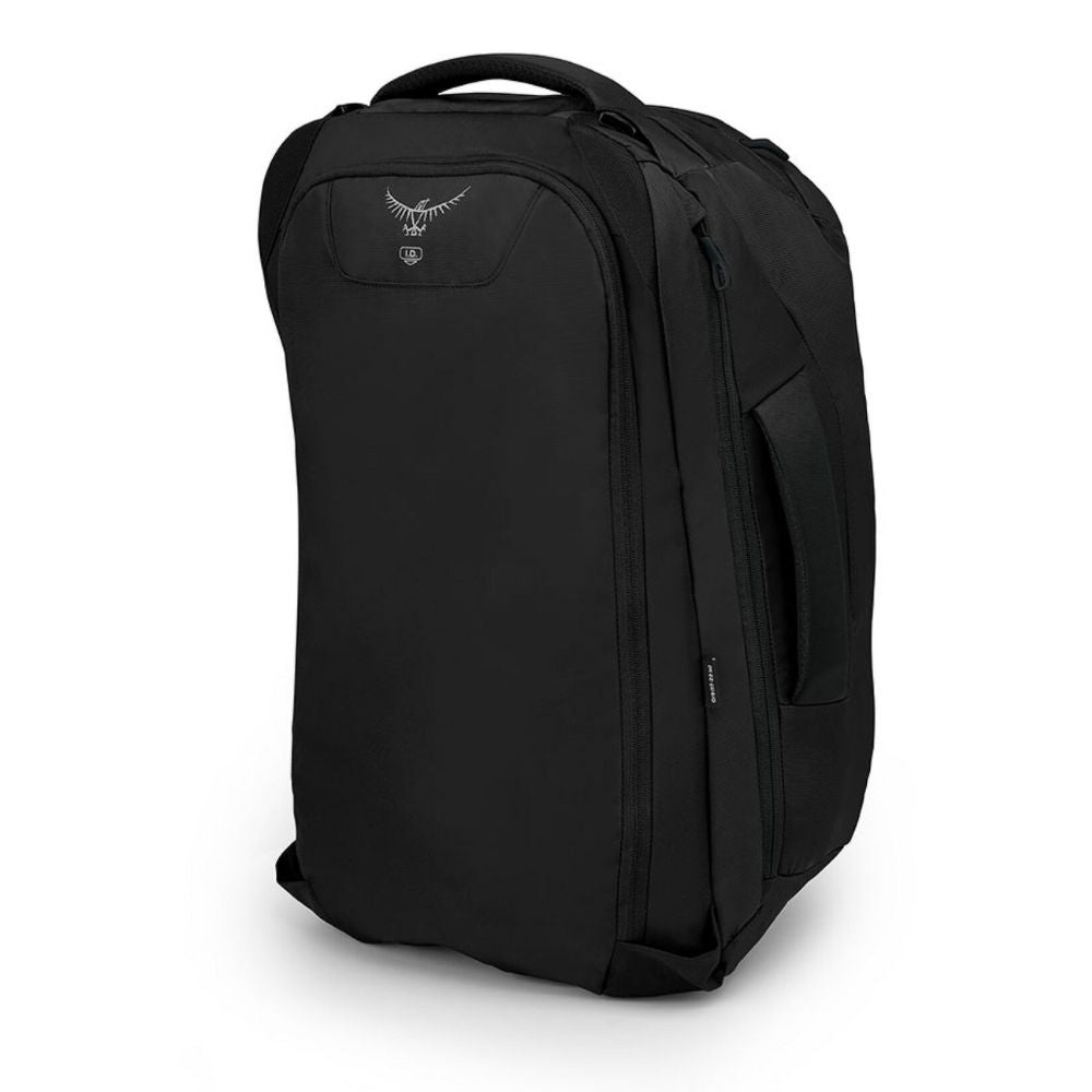 Black backpack with a brand logo on a white background