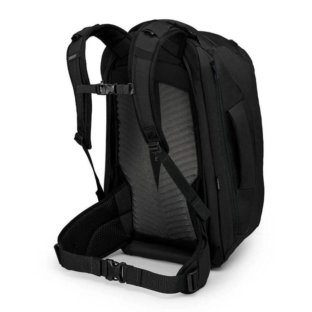 Black backpack with visible Osprey branding on a white background