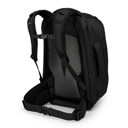Black backpack with visible Osprey branding on a white background