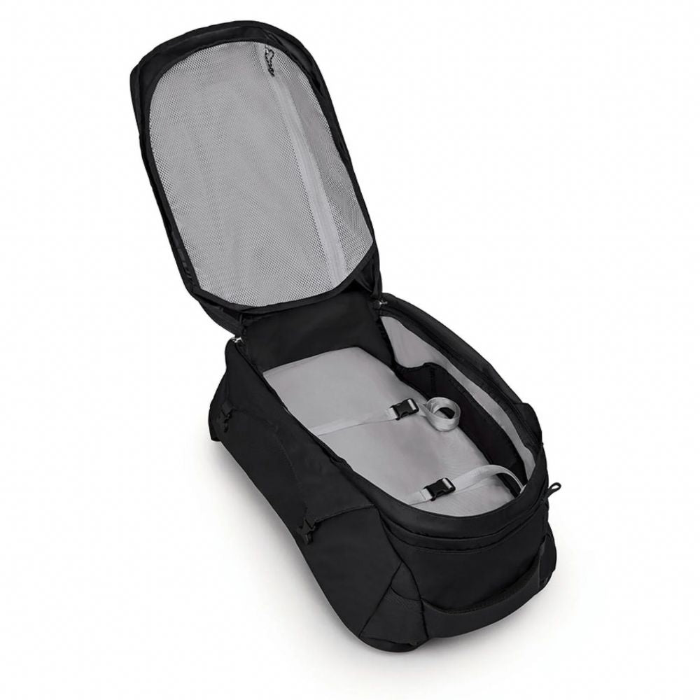 Black backpack with open lid on a white background