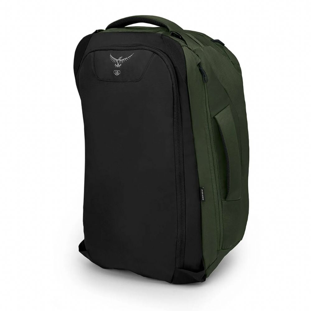 Black and green travel bag with Osprey logo on a white background