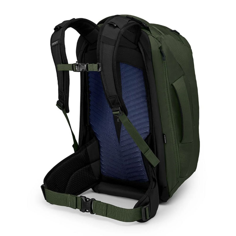 Green and black backpack with blue interior on a white background