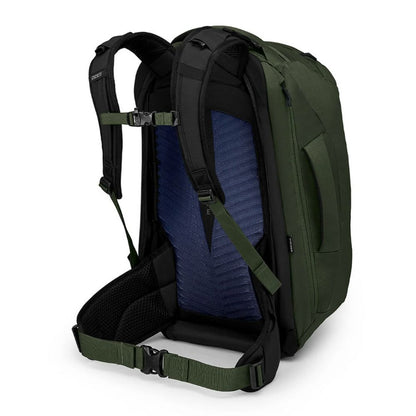 Green and black backpack with blue interior on a white background