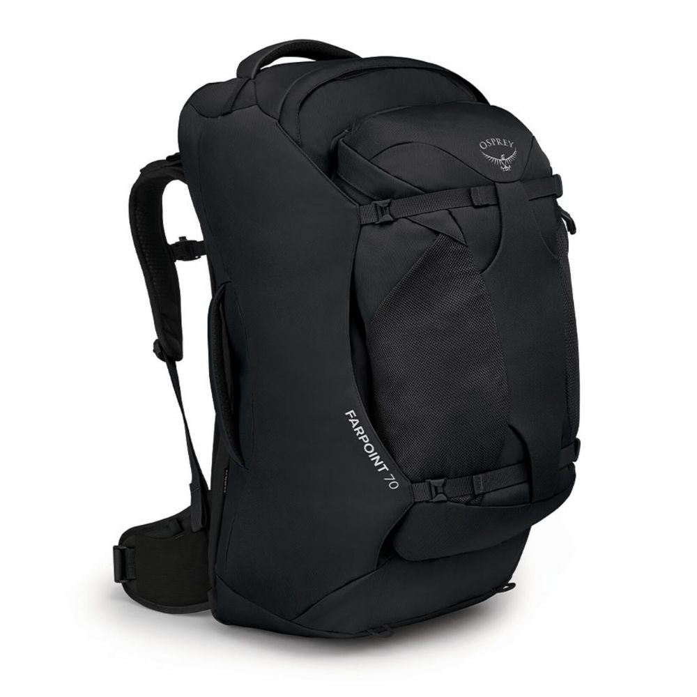 Black backpack with 'Osprey' branding on a white background