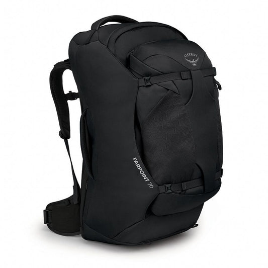 Black backpack with 'Osprey' branding on a white background
