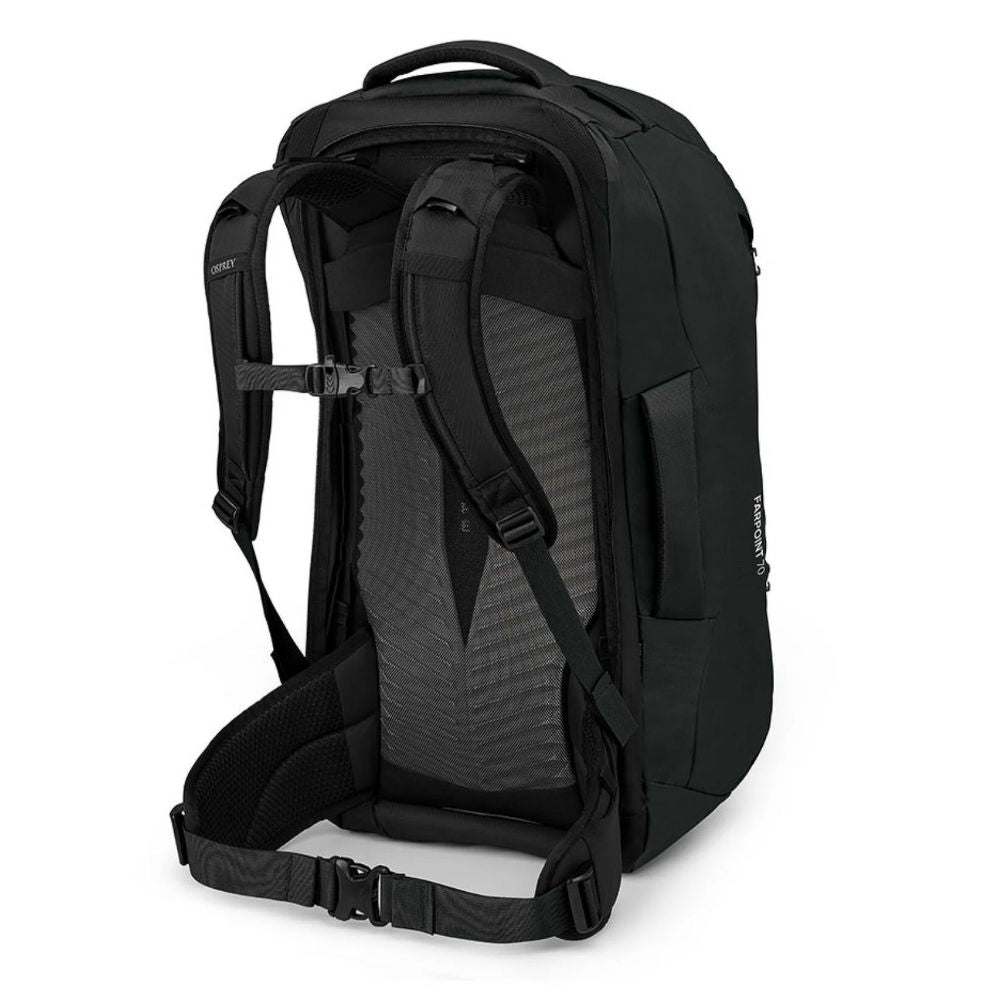 Black backpack with visible brand logo on a white background