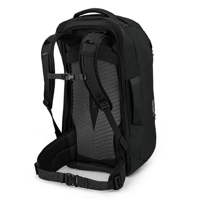 Black backpack with visible brand logo on a white background