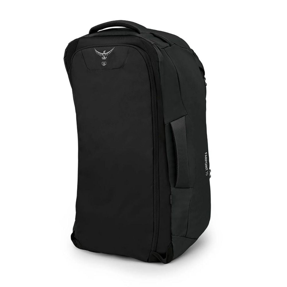 Black backpack with a brand logo on a white background