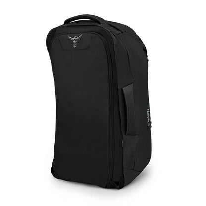 Black backpack with a brand logo on a white background