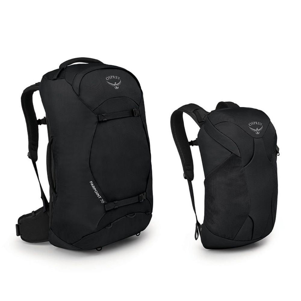 Two black backpacks with Osprey logo on a white background