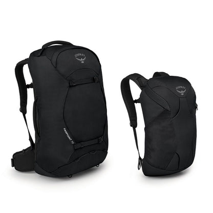 Two black backpacks with Osprey logo on a white background