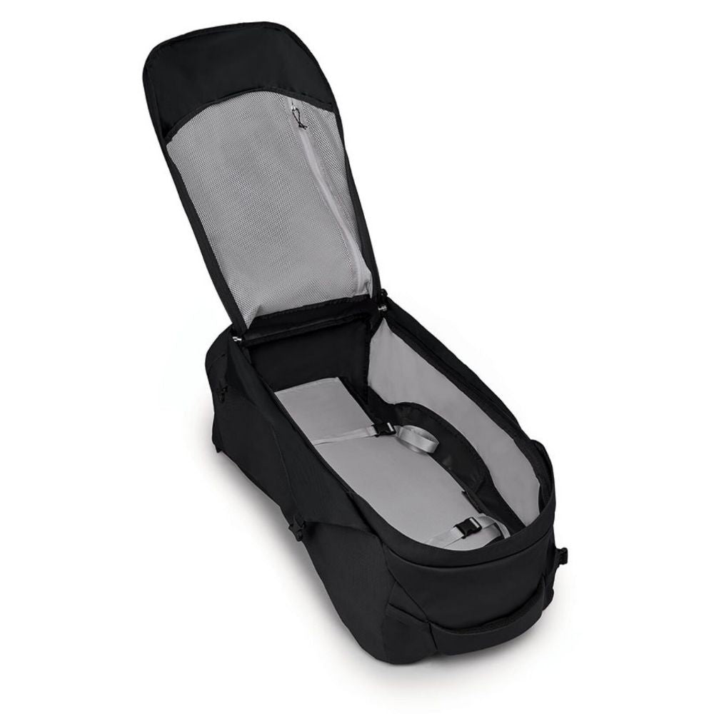 Black backpack with a gray interior on a white background