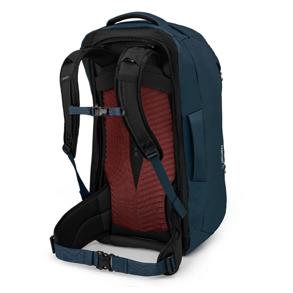 Blue backpack with red interior padding on a white background