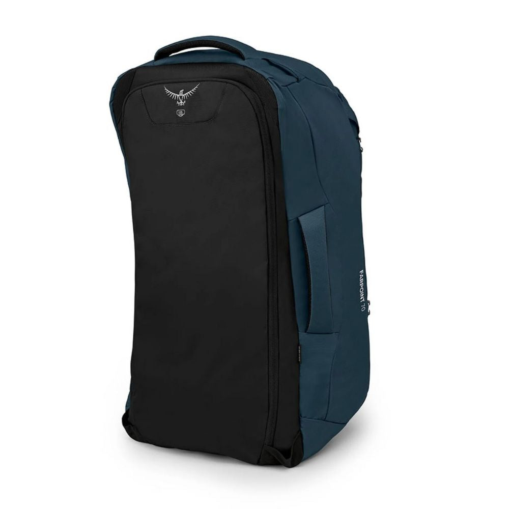 Black and blue travel duffel bag with Osprey logo on a white background