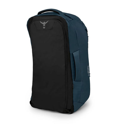 Black and blue travel duffel bag with Osprey logo on a white background