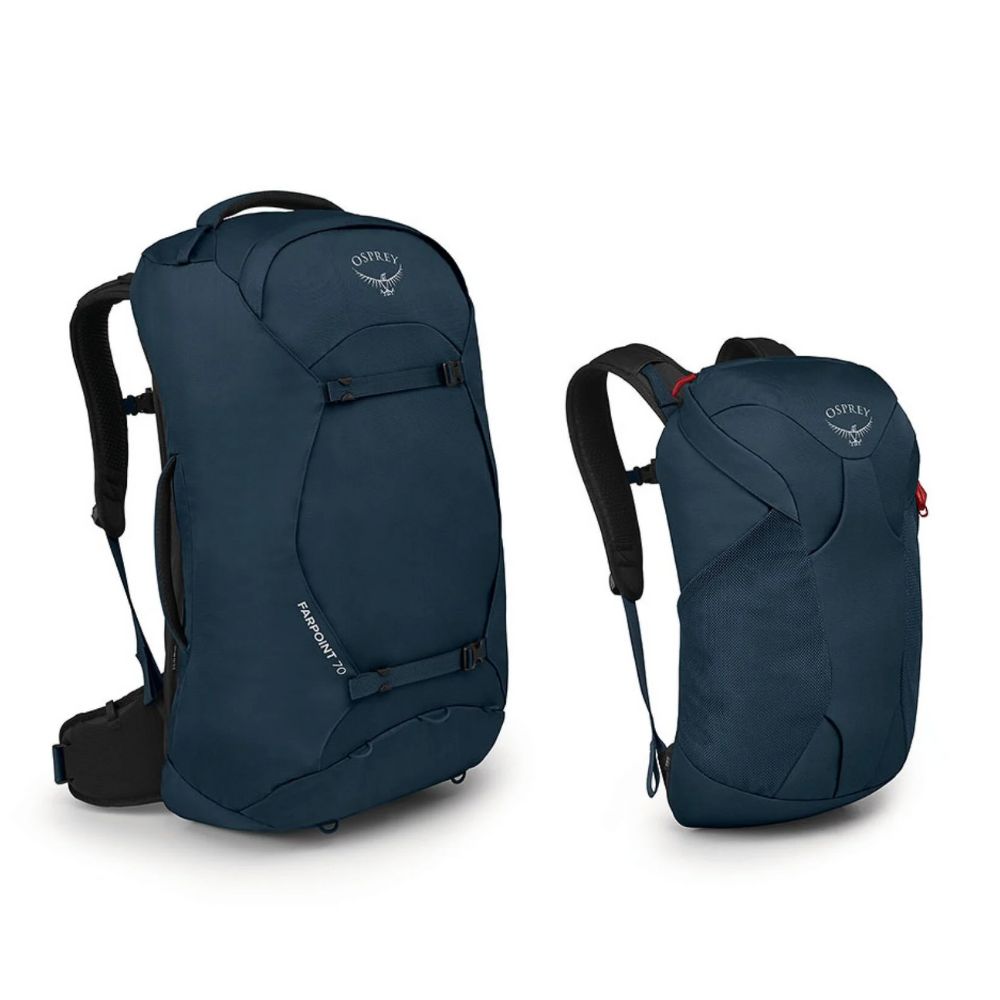 Two blue backpacks with Osprey logo on a white background
