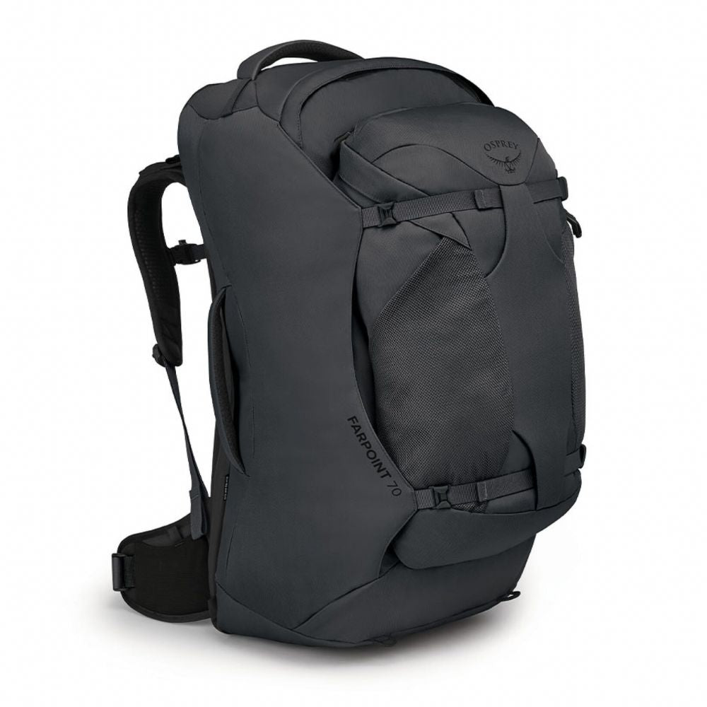 Black backpack with visible brand logo on a white background