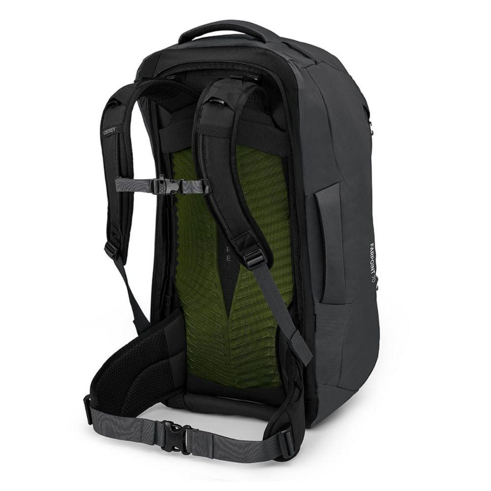 Black backpack with green interior padding on a white background