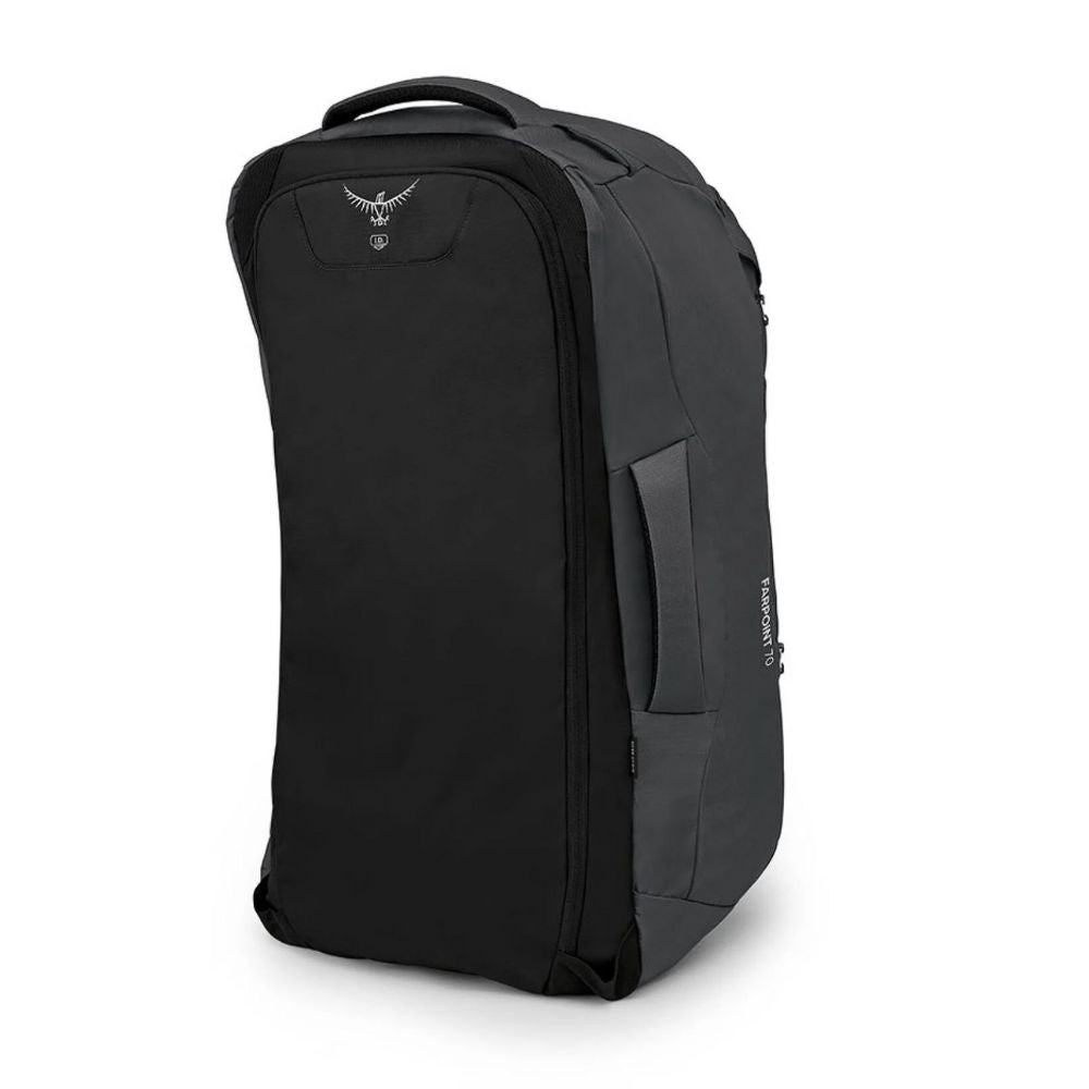 Black travel bag with a visible brand logo on a white background