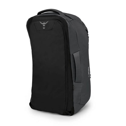 Black travel bag with a visible brand logo on a white background