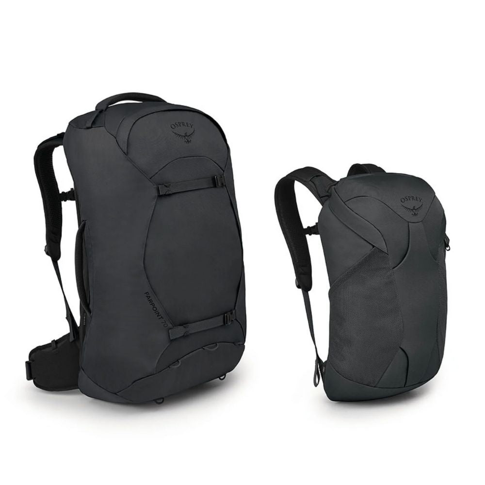 Two black backpacks with Osprey logo on a white background