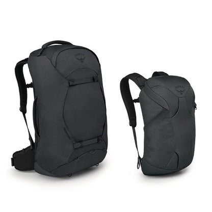 Two black backpacks with Osprey logo on a white background