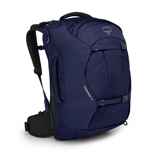 Blue backpack with visible branding on a white background