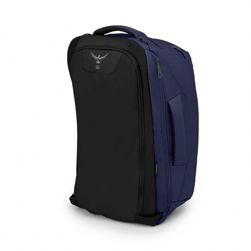 Black and blue travel bag with Osprey logo on a white background