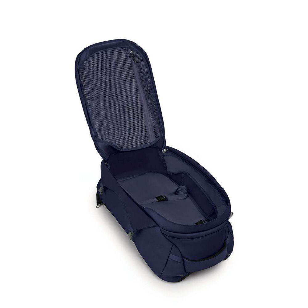 Navy blue baby bassinet with open lid on a white background