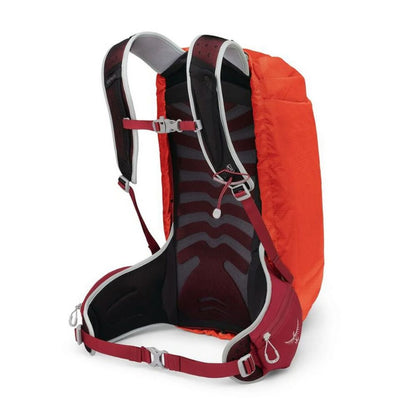 Red and black backpack with visible brand logo on a white background