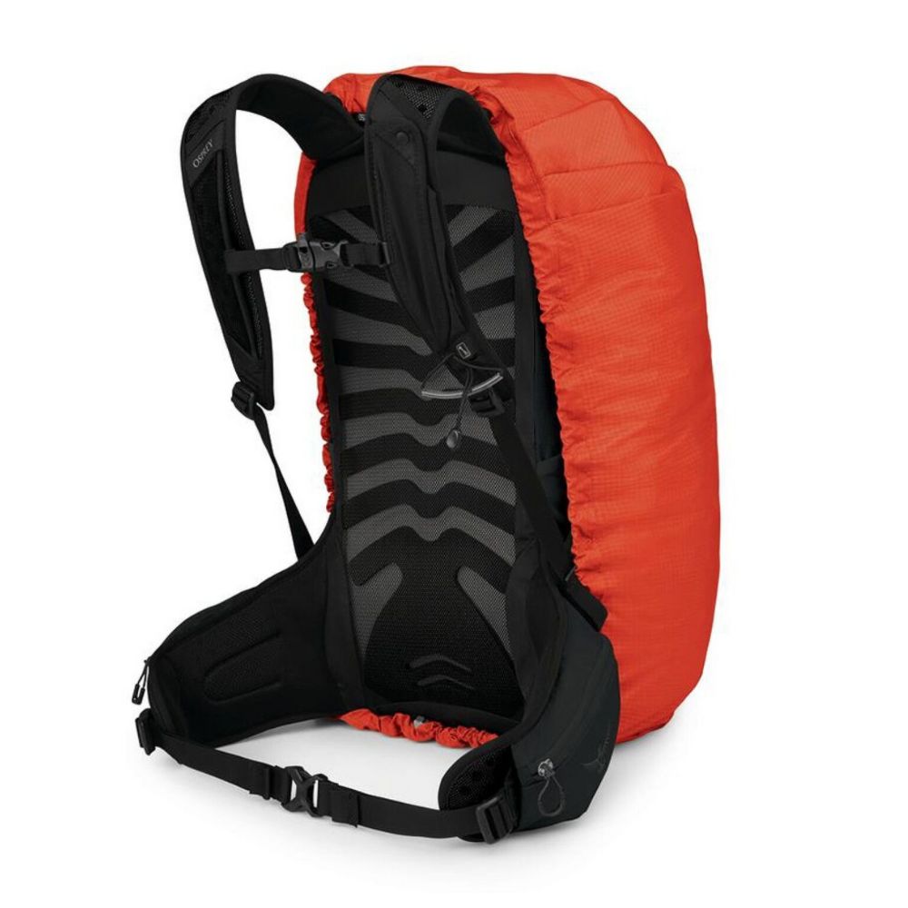 Orange and black backpack on a white background