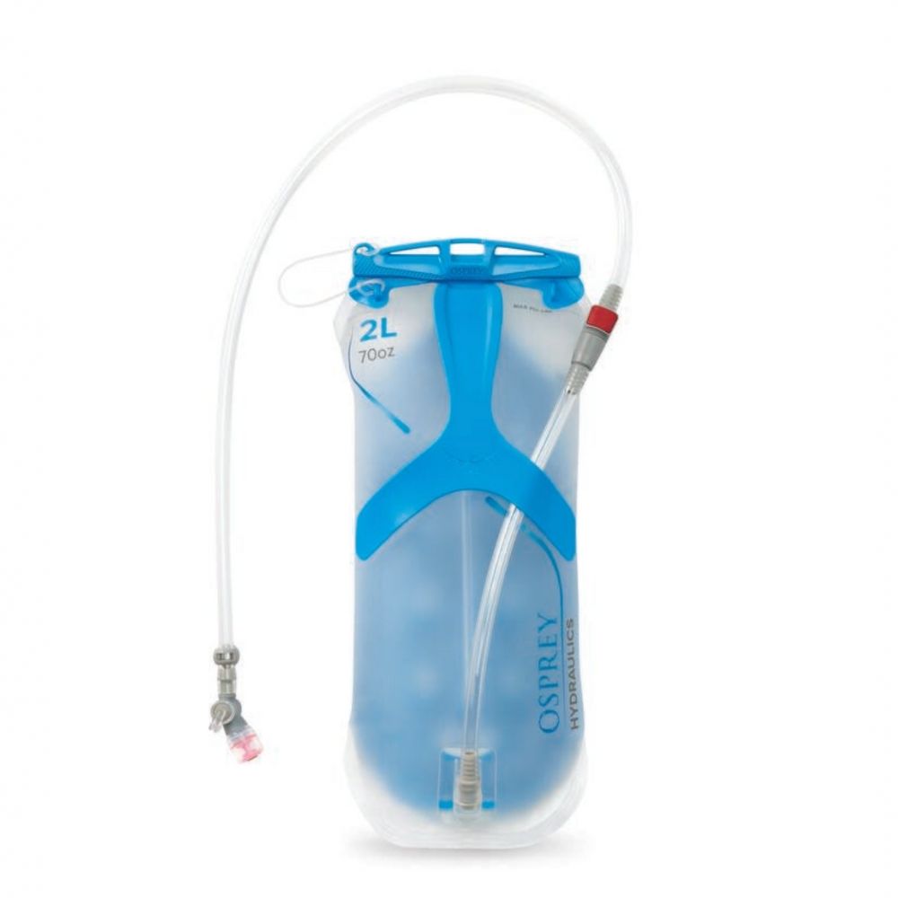 Hydration bladder with blue accents on a white background