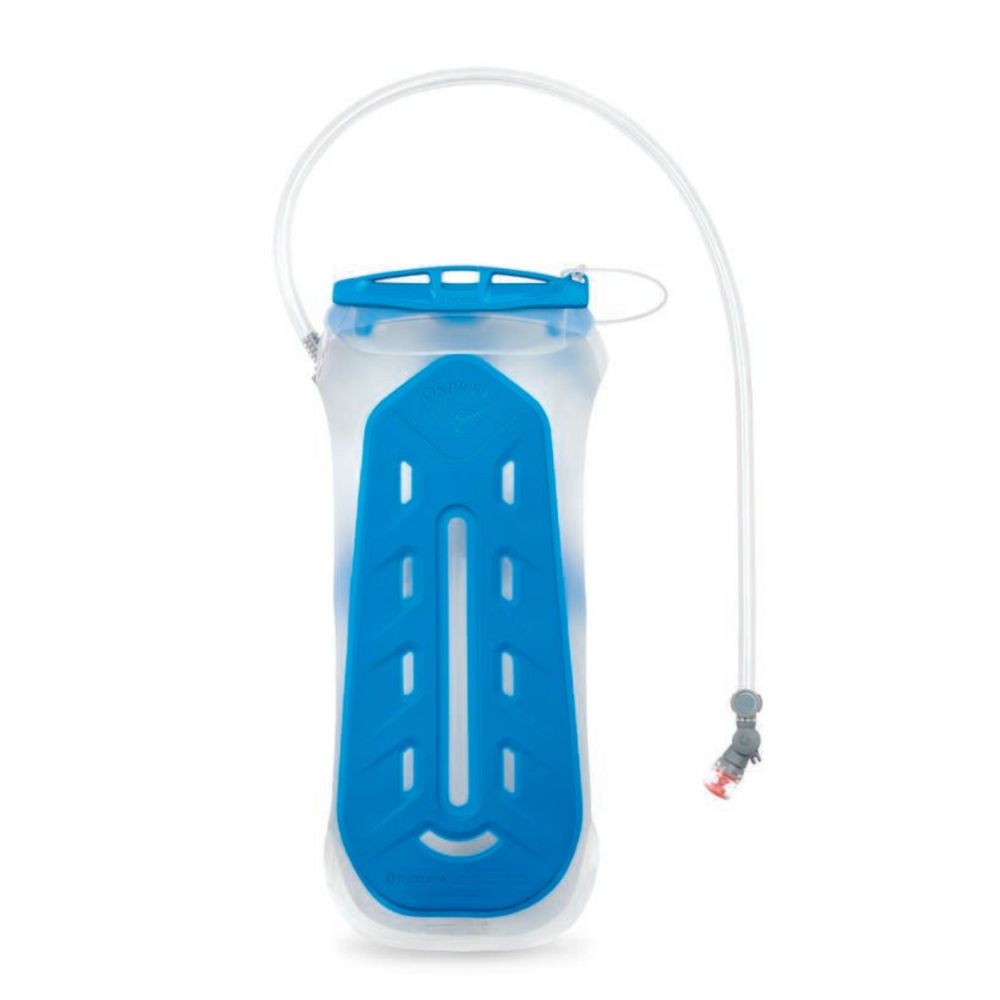 Hydration bladder with blue accents on a white background