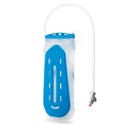 Hydration bladder with blue cover on a white background