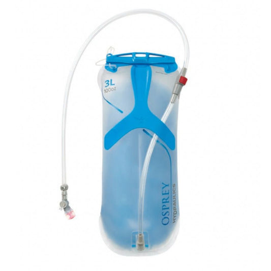 Blue Osprey hydration bladder on a white background