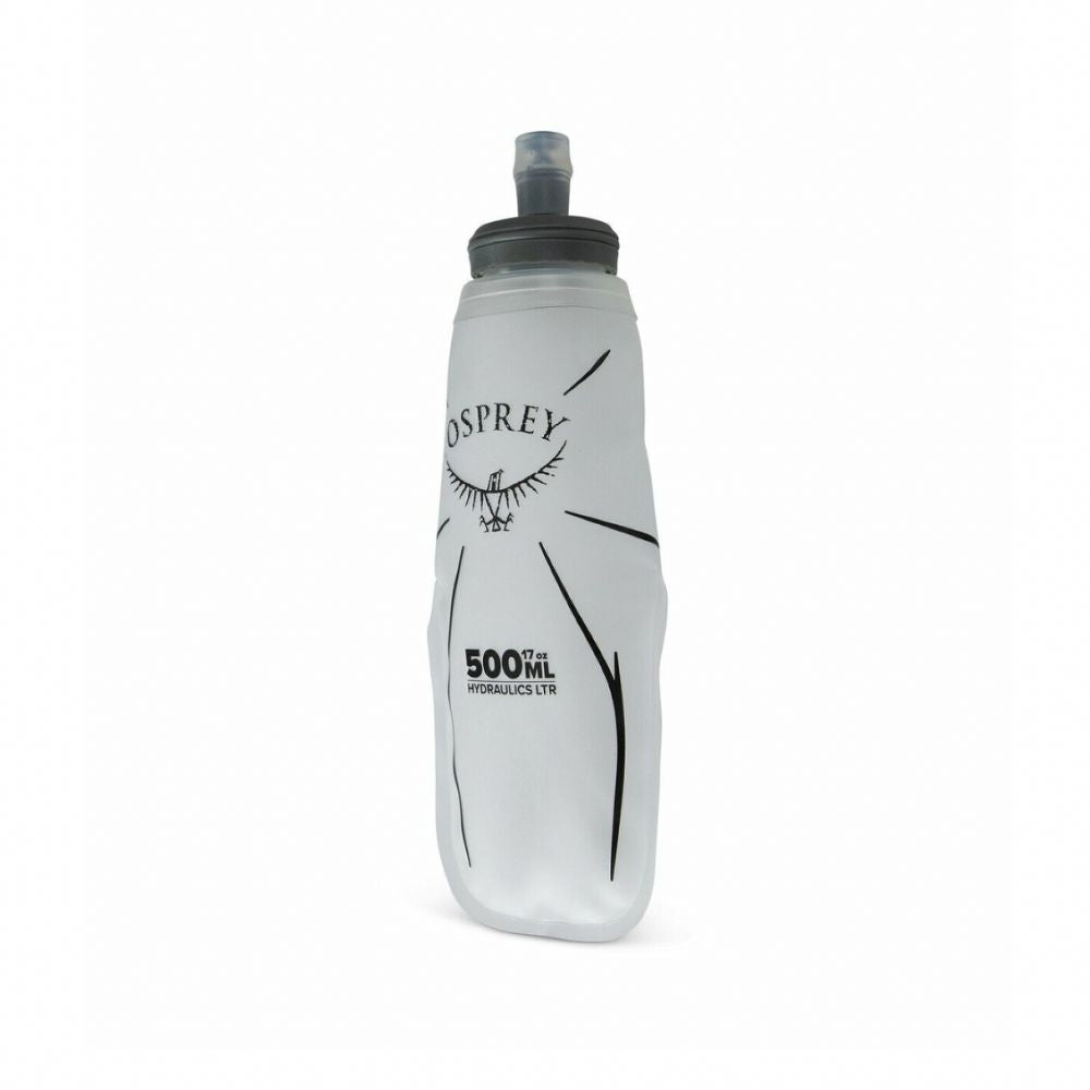 Clear Osprey water bottle with black text on a white background