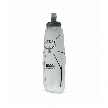 Clear Osprey water bottle with black text on a white background